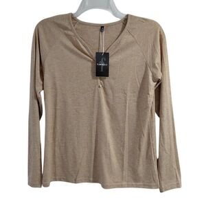 Flamingals Women's Beige Long Sleeve Henley Shirt Pearl Button V Neck Size M